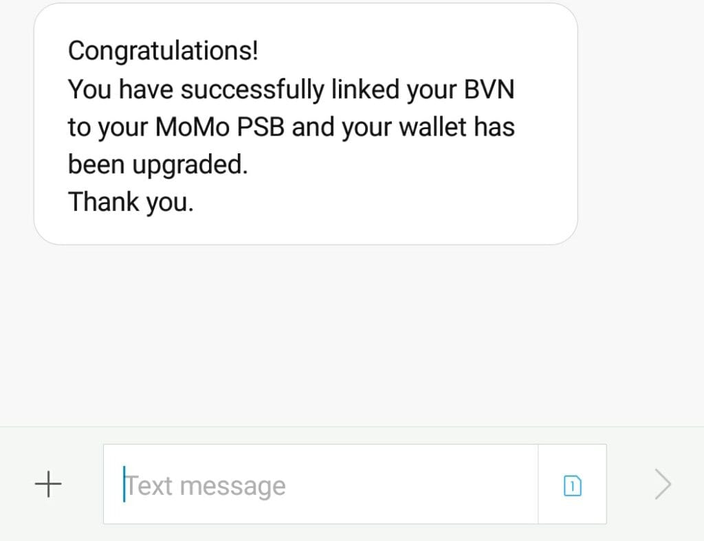 MoMo - BVN linking successful message